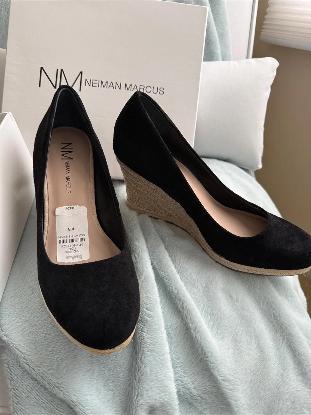 Neiman Marcus Black Suede Espadrille Wedge Pumps